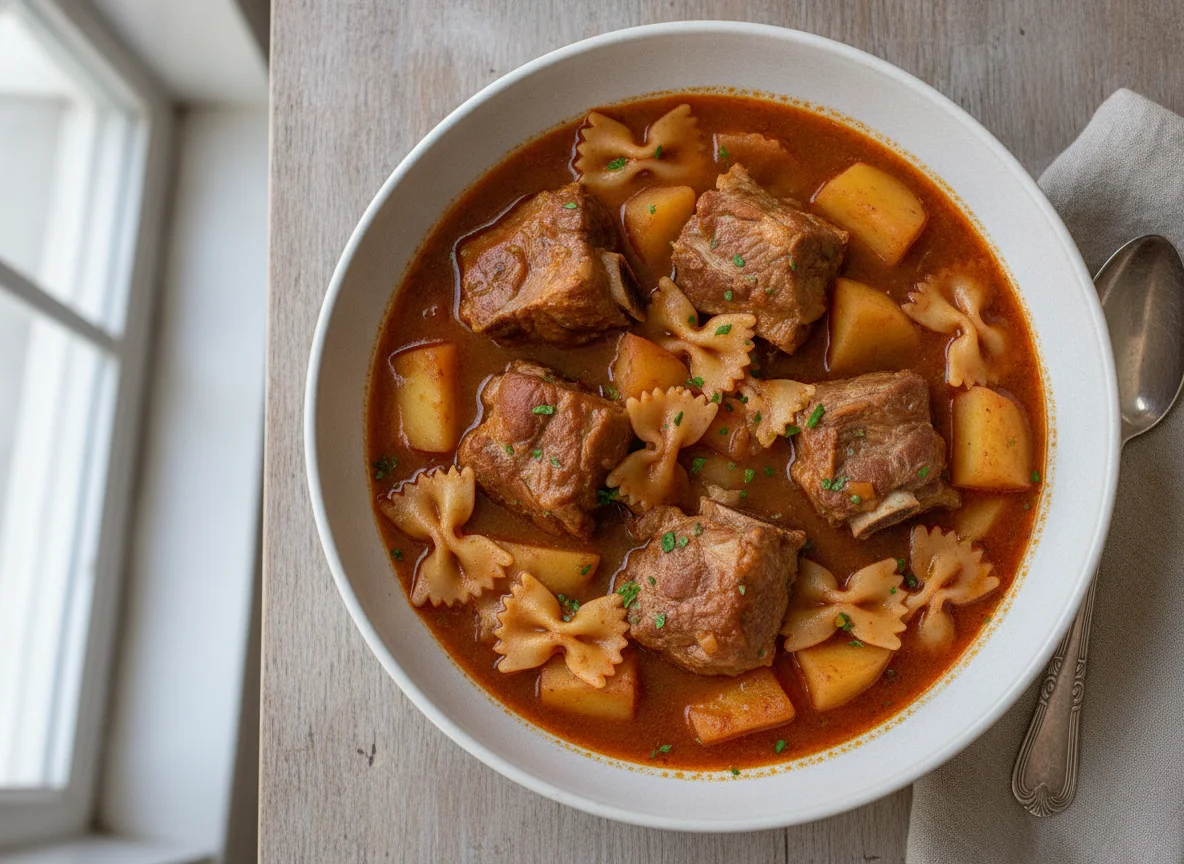 Estofado de cerdo con patatas y fideos photo