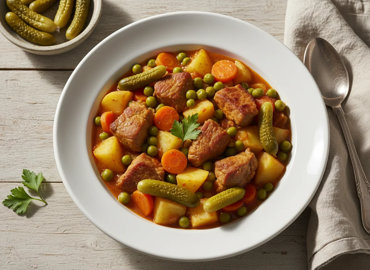 Estofado de cerdo con patatas y guisantes, con pepinillos photo