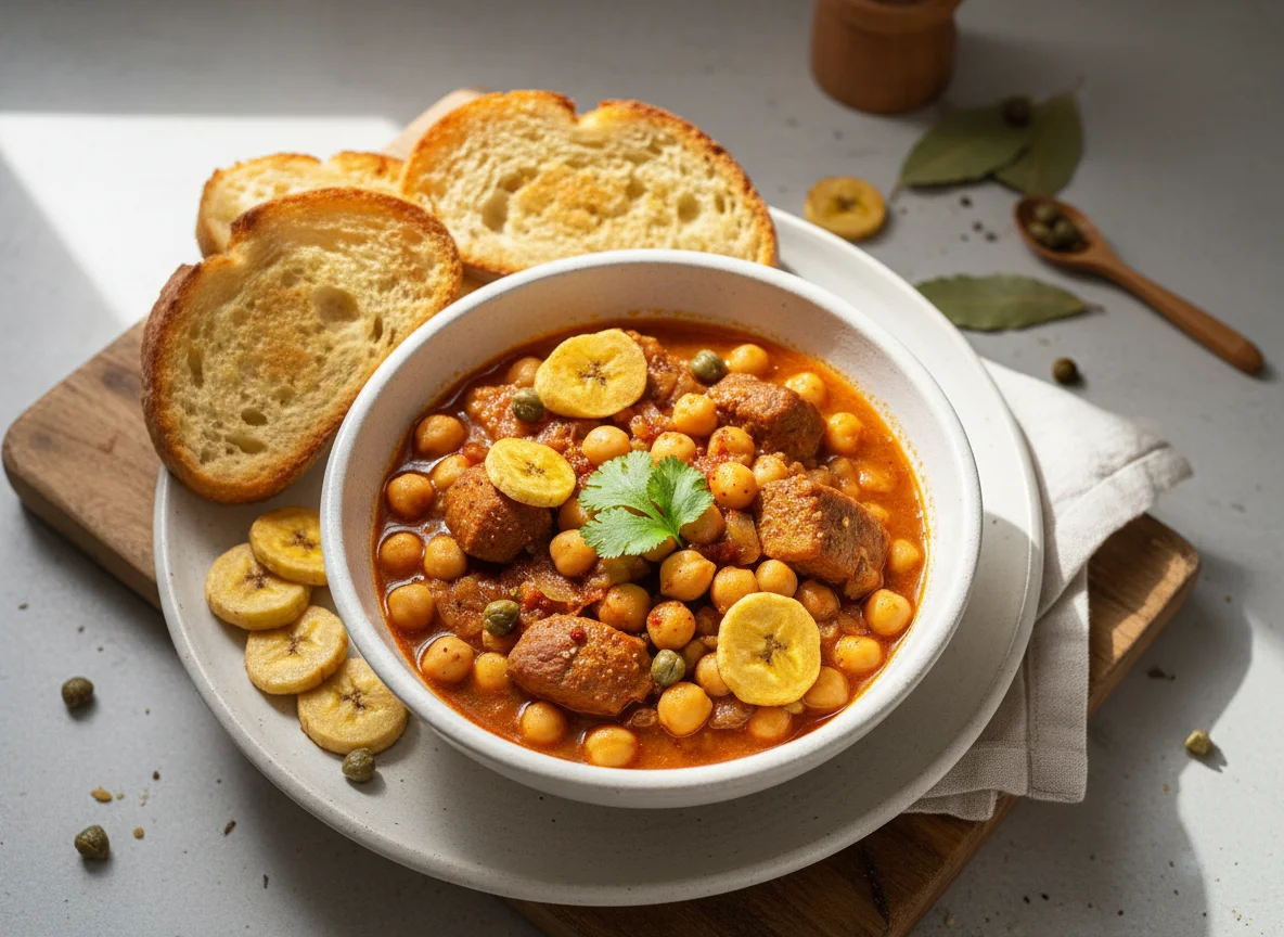 Estofado de garbanzos con carne, pan tostado, plátano y alcaparras photo