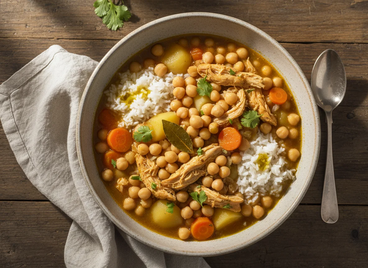 Estofado de garbanzos con pollo y arroz photo