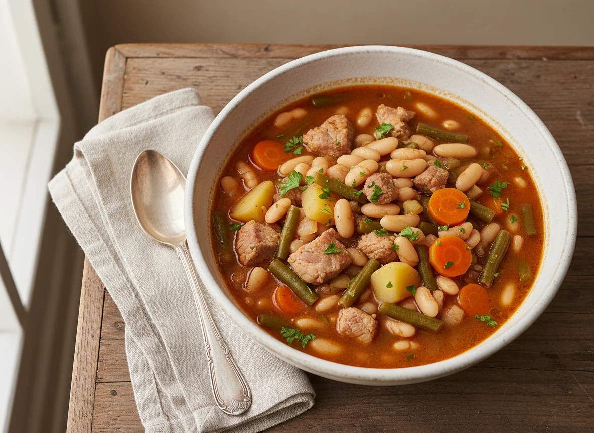 Estofado de judías blancas con verduras y carne photo