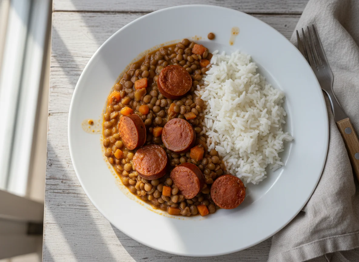 Estofado de lentejas con arroz y salchicha photo