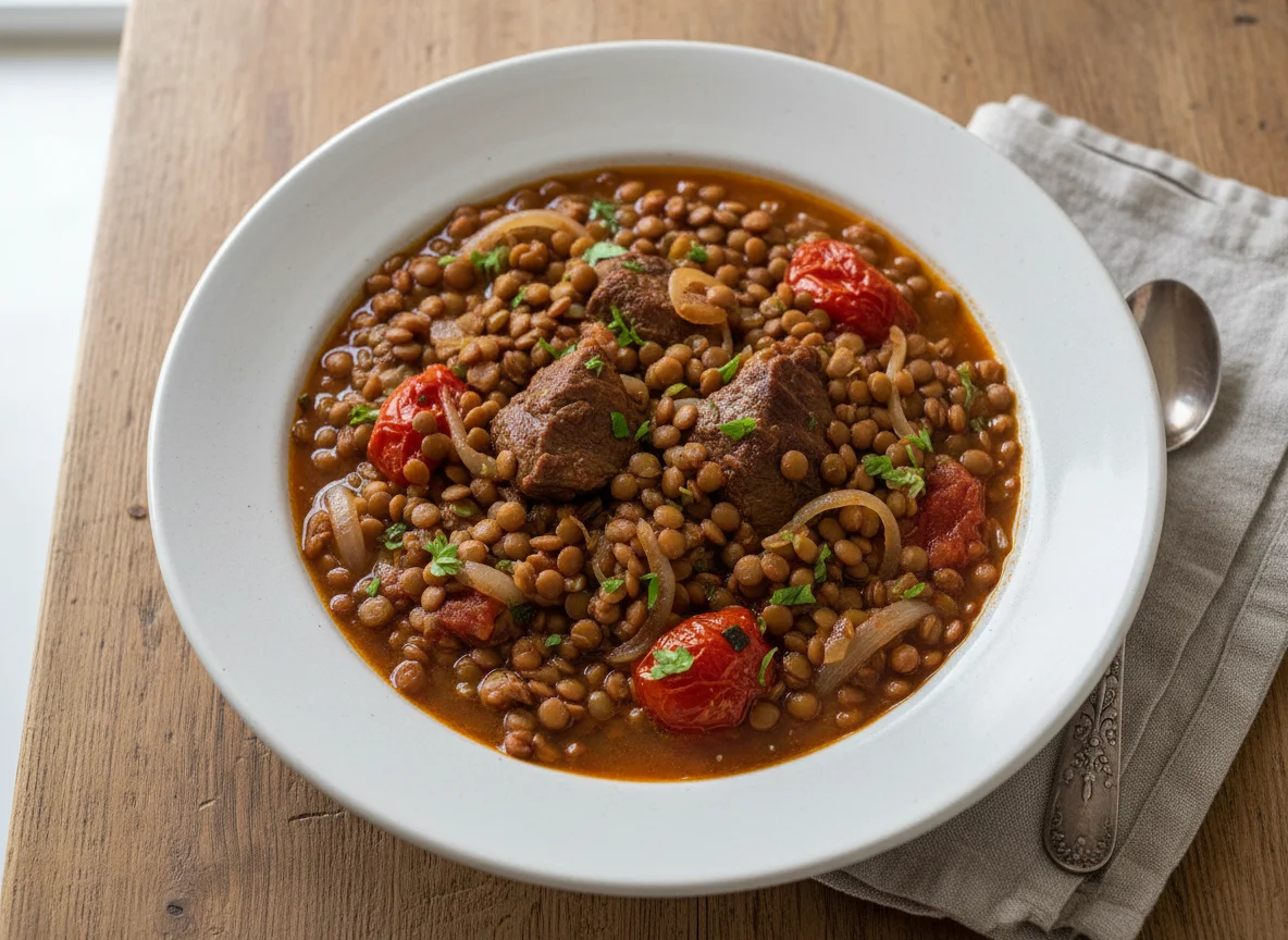 Estofado de lentejas con carne photo