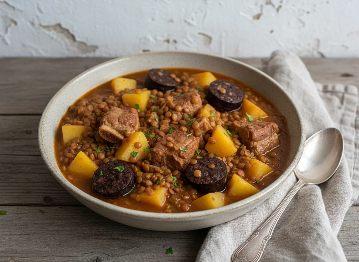 Estofado de lentejas con carne y patatas photo