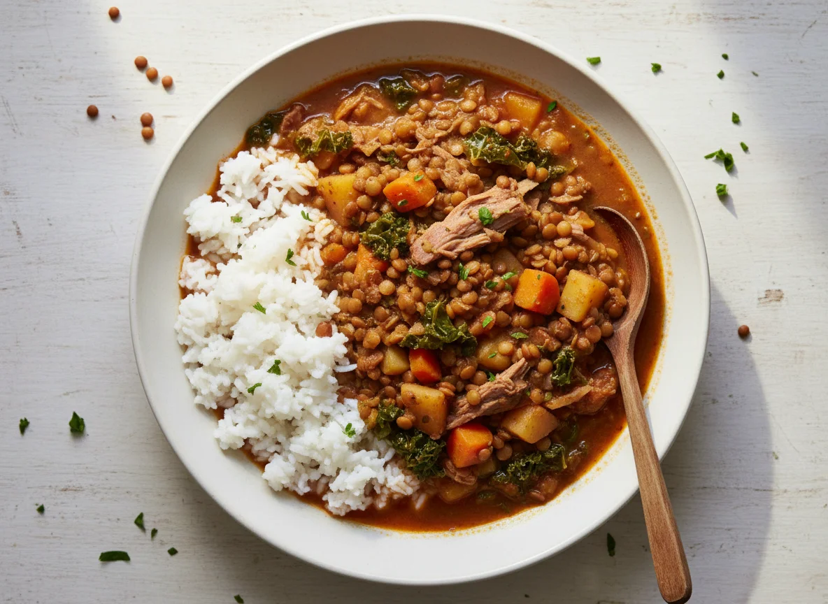 Estofado de lentejas y verduras con arroz photo