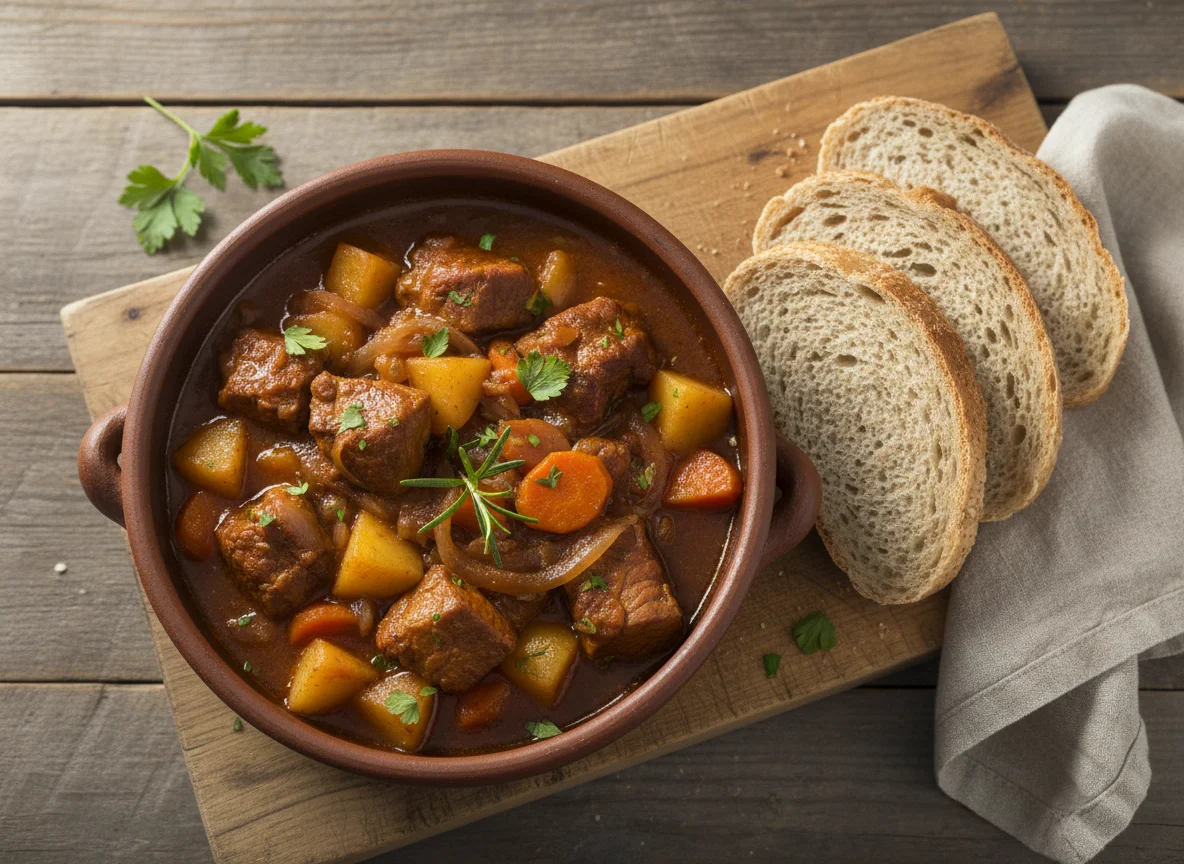 Estofado de patatas con carne y pan integral photo