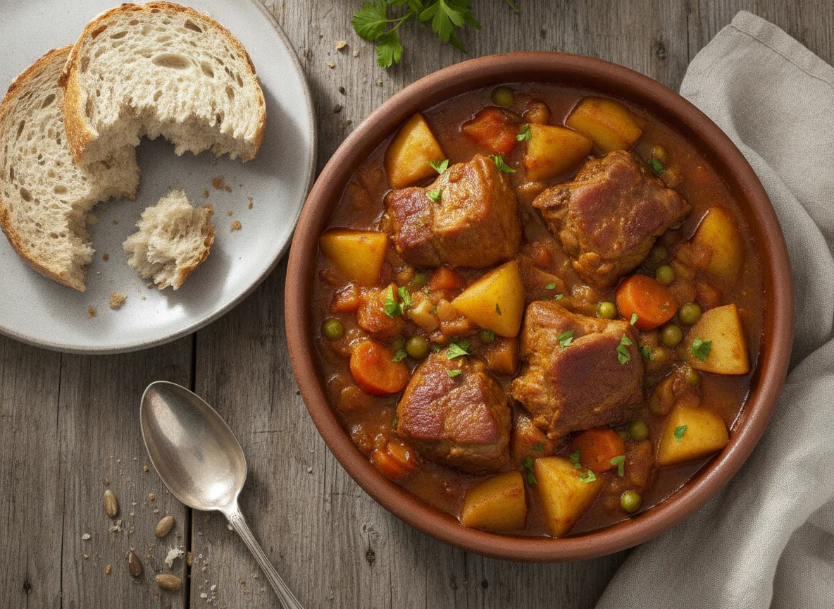 Estofado de patatas y carne con pan integral photo