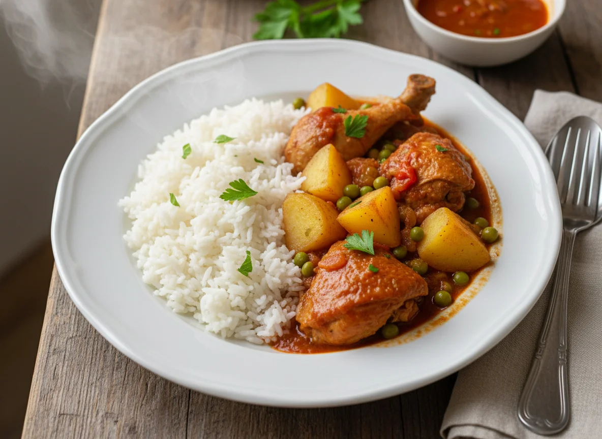 Estofado de pollo con arroz blanco photo