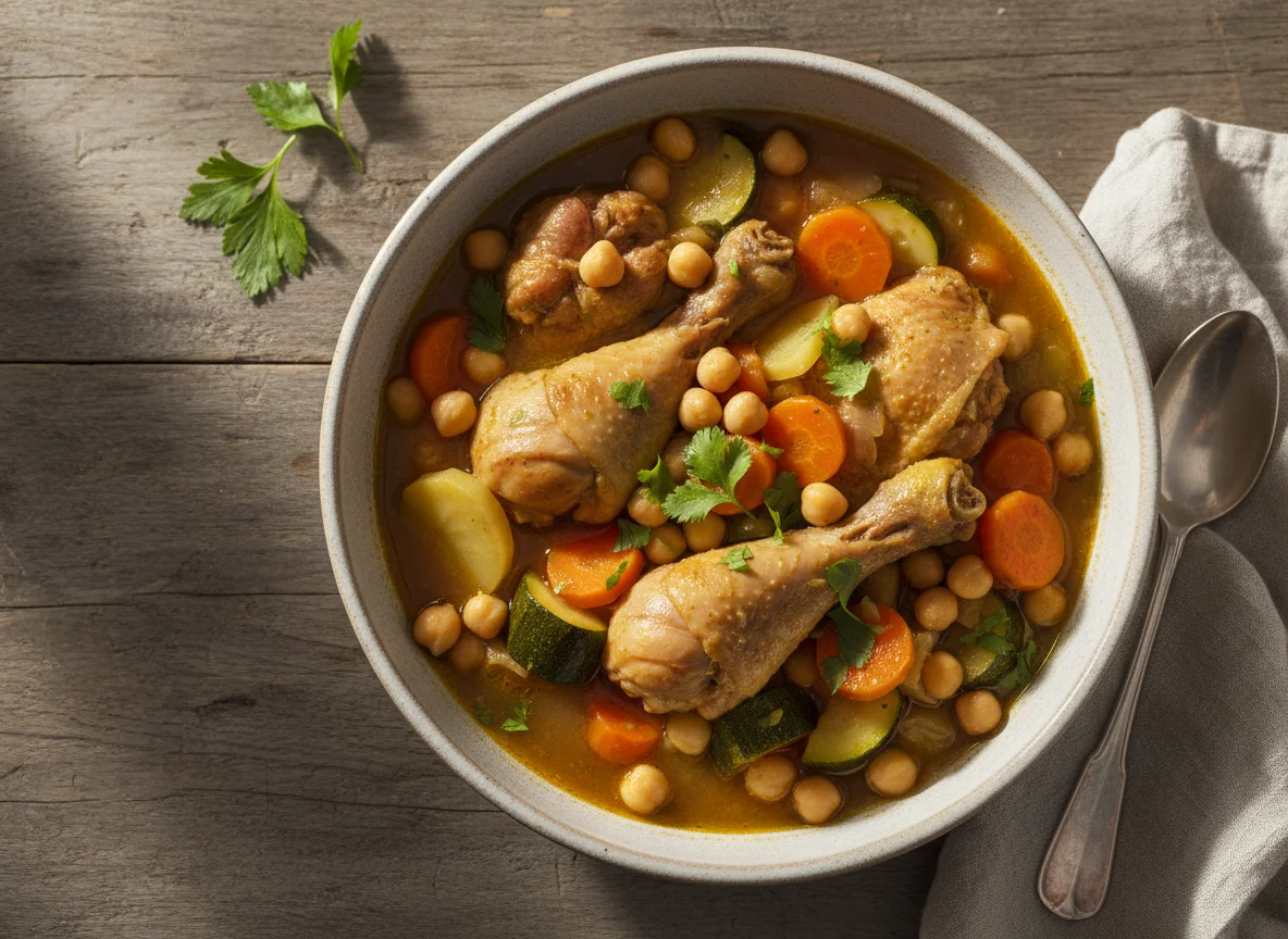 Estofado de pollo con garbanzos y verduras photo