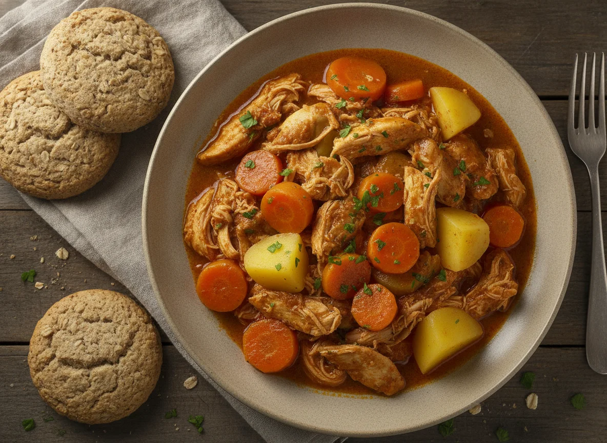 Estofado de pollo con verduras y galletas de avena photo