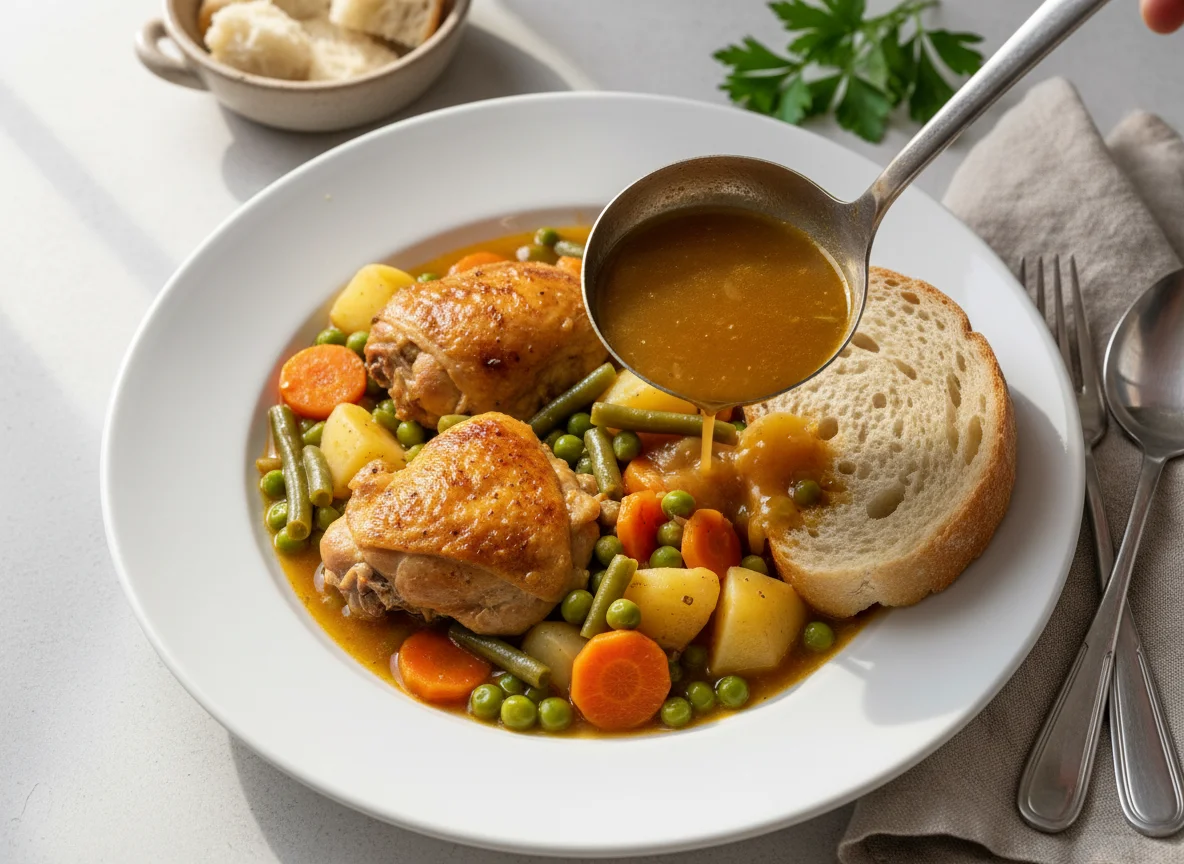 Estofado de pollo con verduras y pan photo