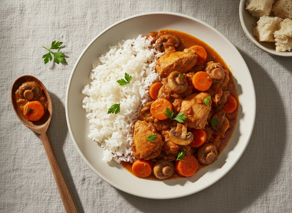 Estofado de pollo con zanahorias y champiñones photo