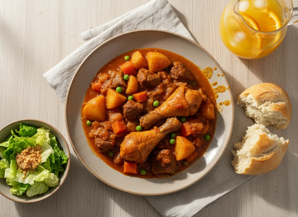 Estofado de pollo y carne con ensalada y pan photo