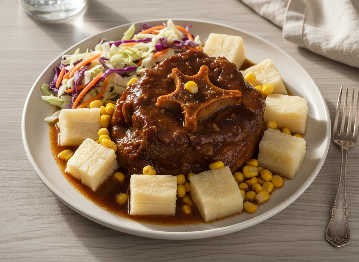Estofado de rabo de toro con yuca, maíz y ensalada photo