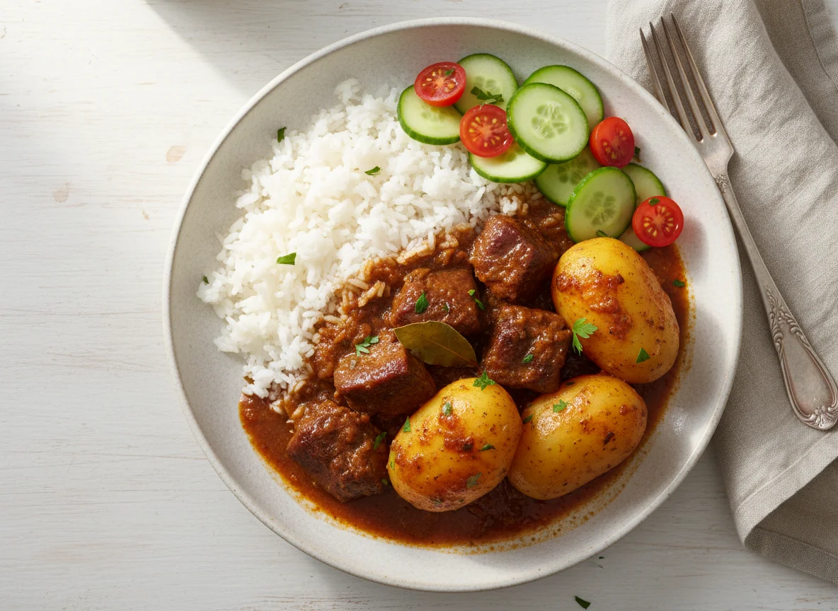 Estofado de res con arroz y papas photo