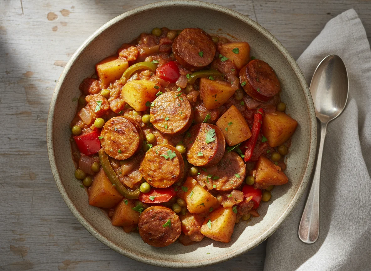 Estofado de salchichas con patatas y pimientos photo