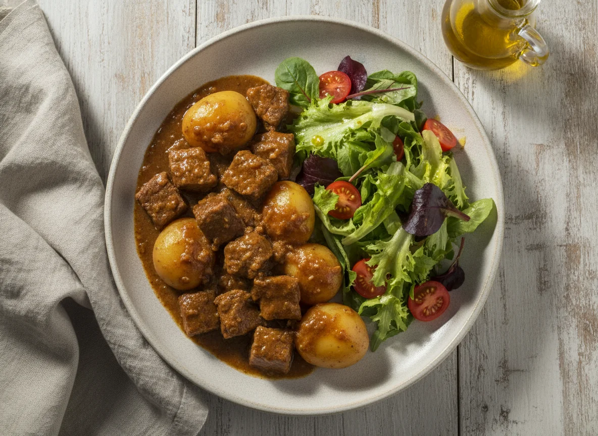 Estofado de ternera con patatas cocidas y ensalada photo