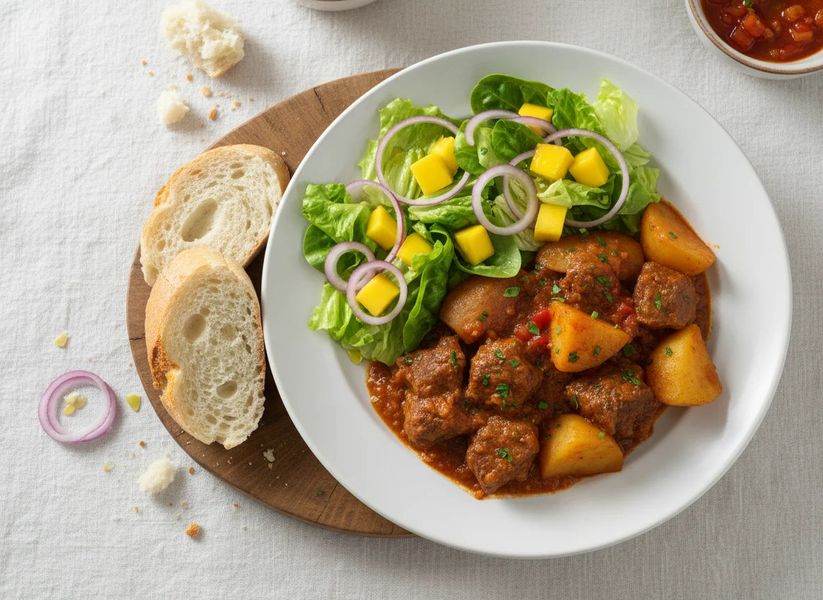 Estofado de ternera con patatas, ensalada y mango photo