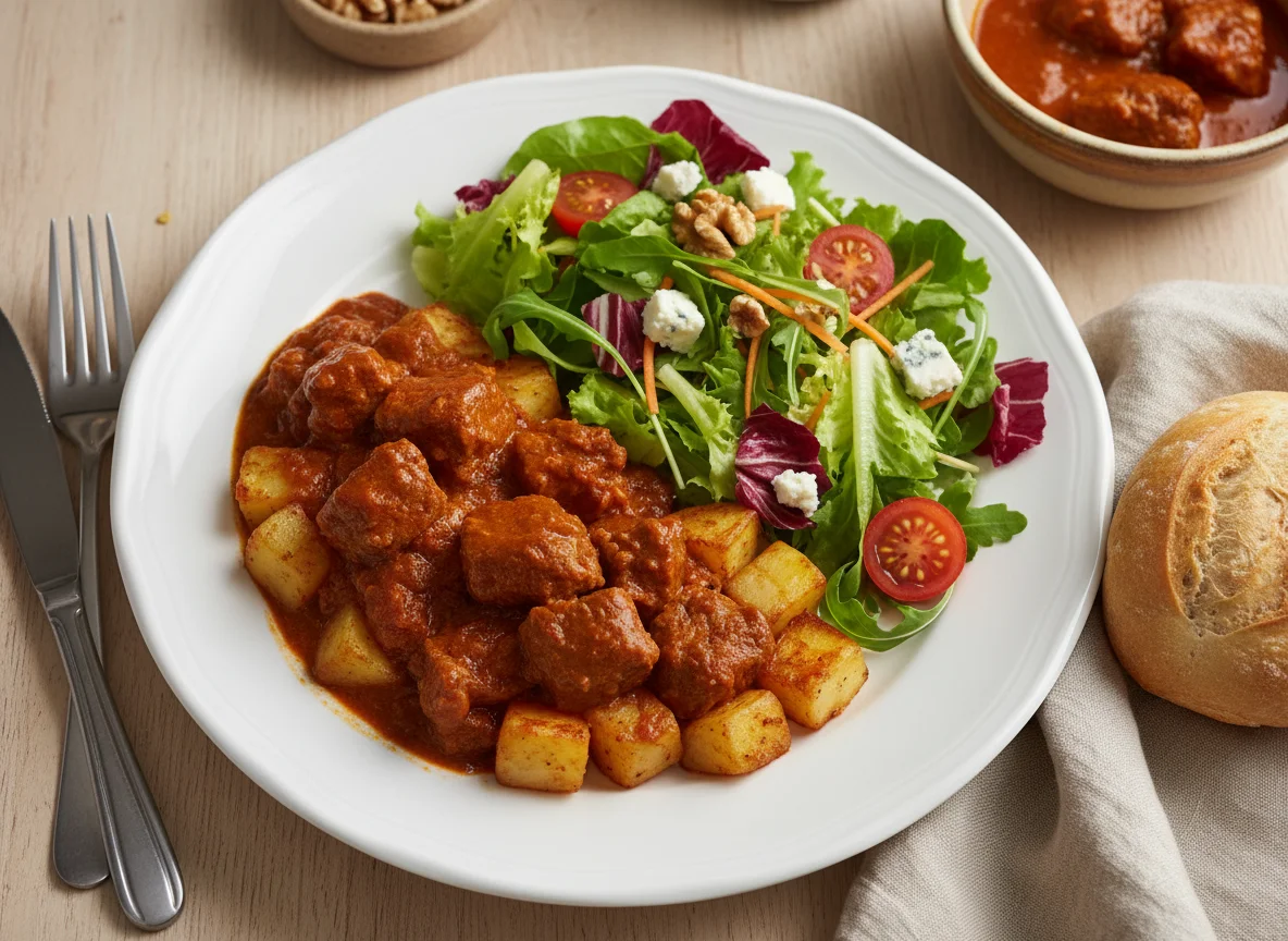 Estofado de ternera con patatas y ensalada mixta photo