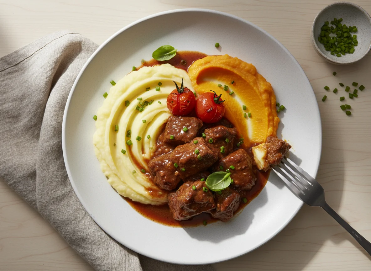 Estofado de ternera con puré de patatas y puré de batata photo