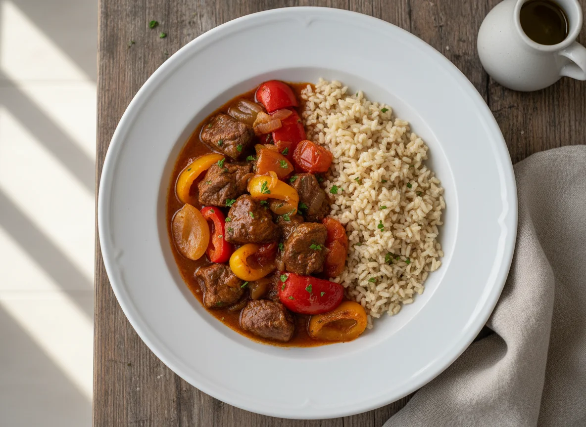 Estofado de ternera con verduras y arroz integral photo