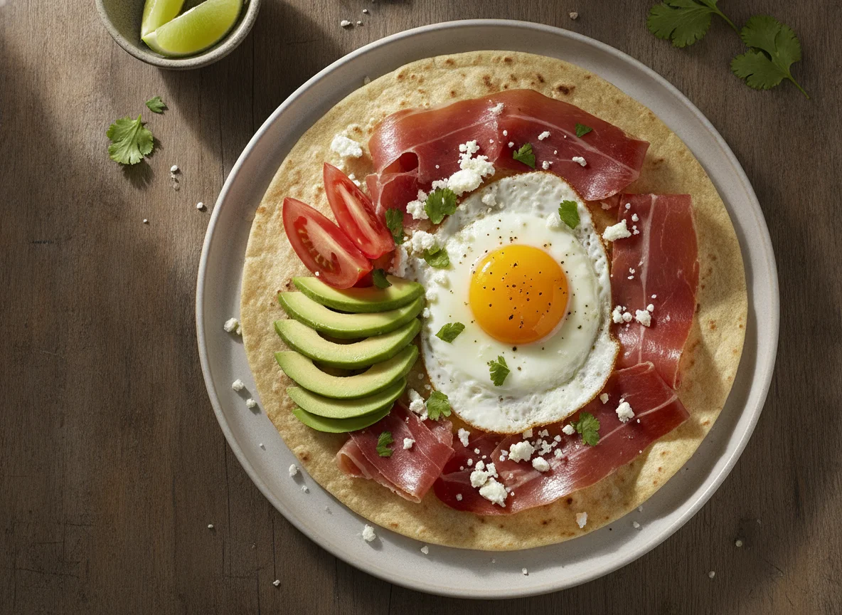 Fajita abierta con huevo y jamón serrano photo