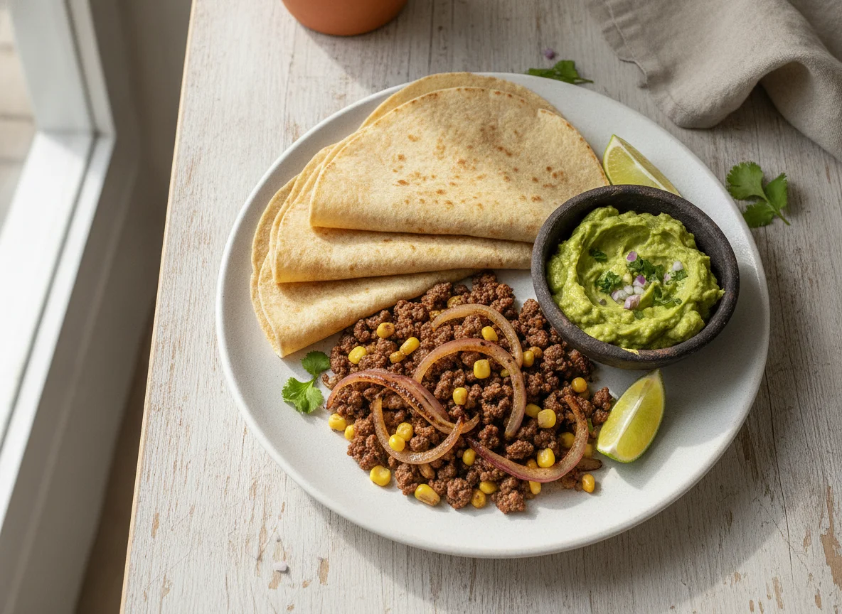 Fajita de carne con choclo y guacamole photo