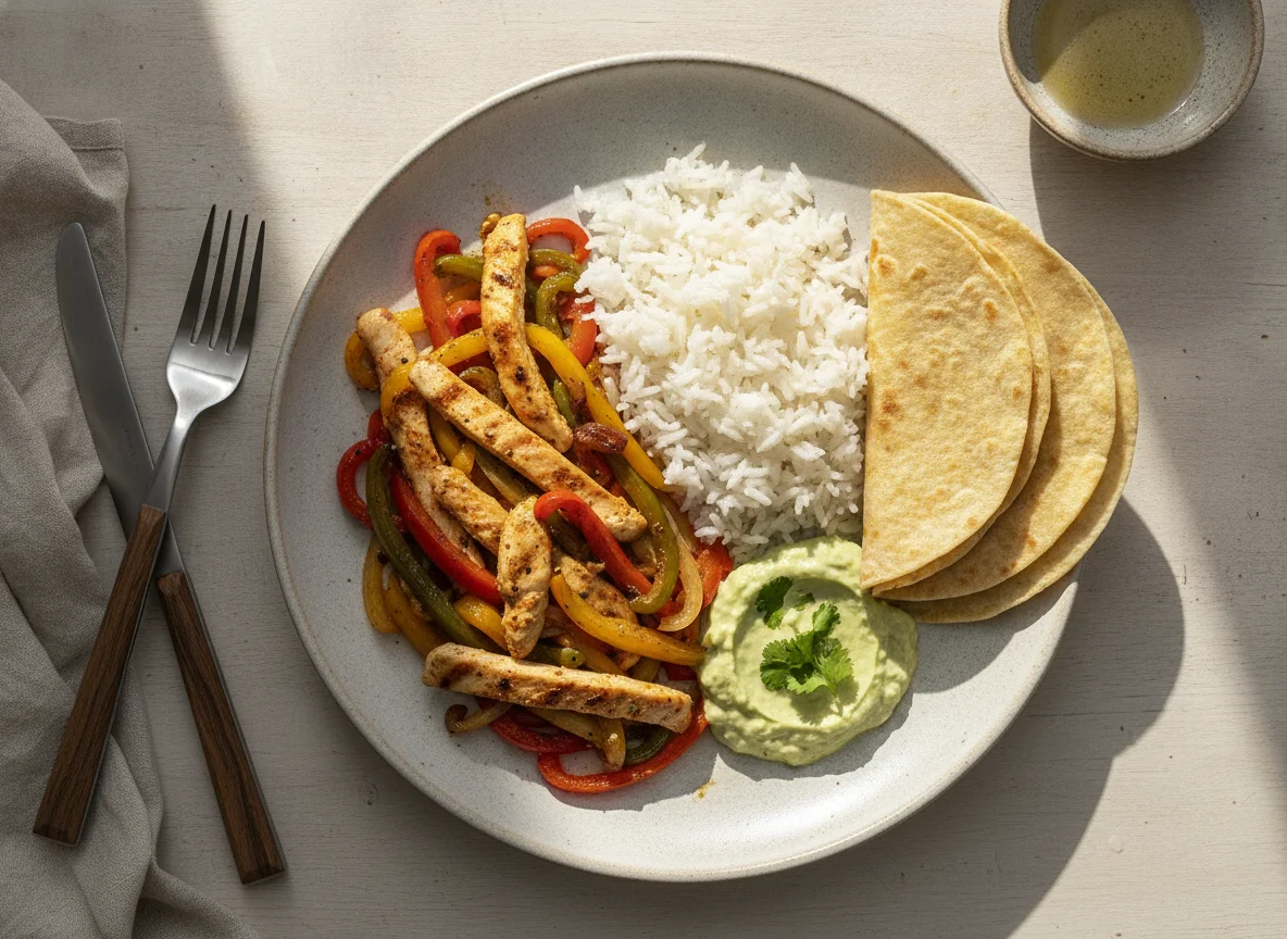 Fajita de pollo con arroz y crema de aguacate photo