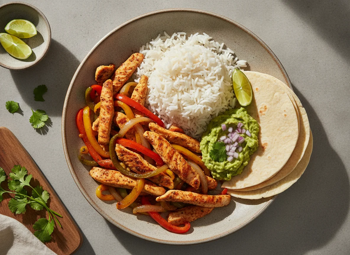 Fajita de pollo con arroz y guacamole photo