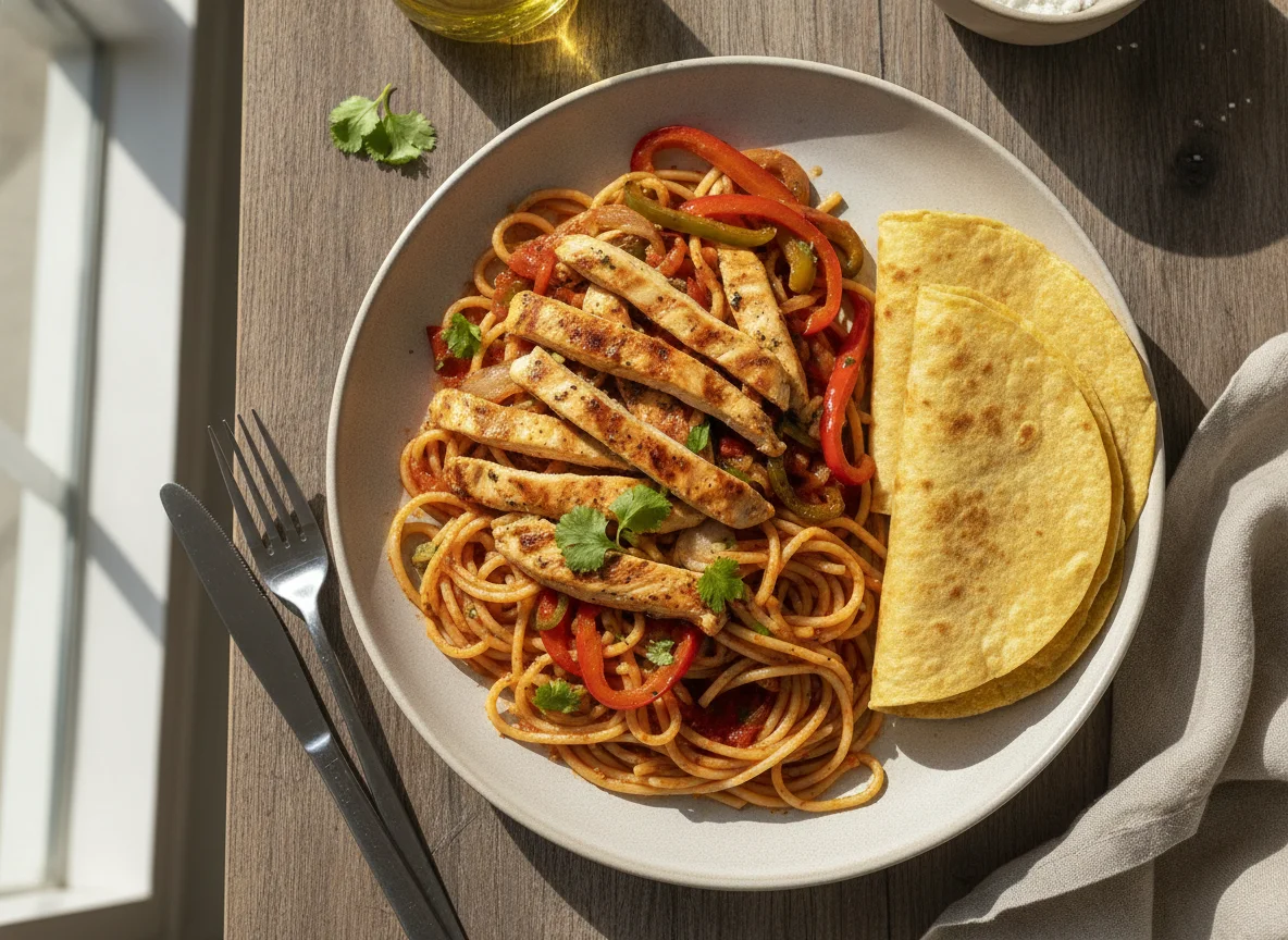 Fajita de pollo con espaguetis photo