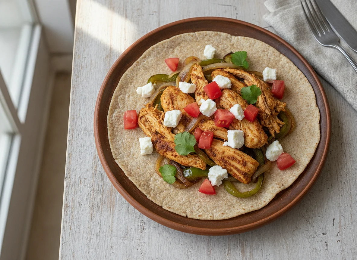 Fajita de pollo desmechado con queso y tomate photo