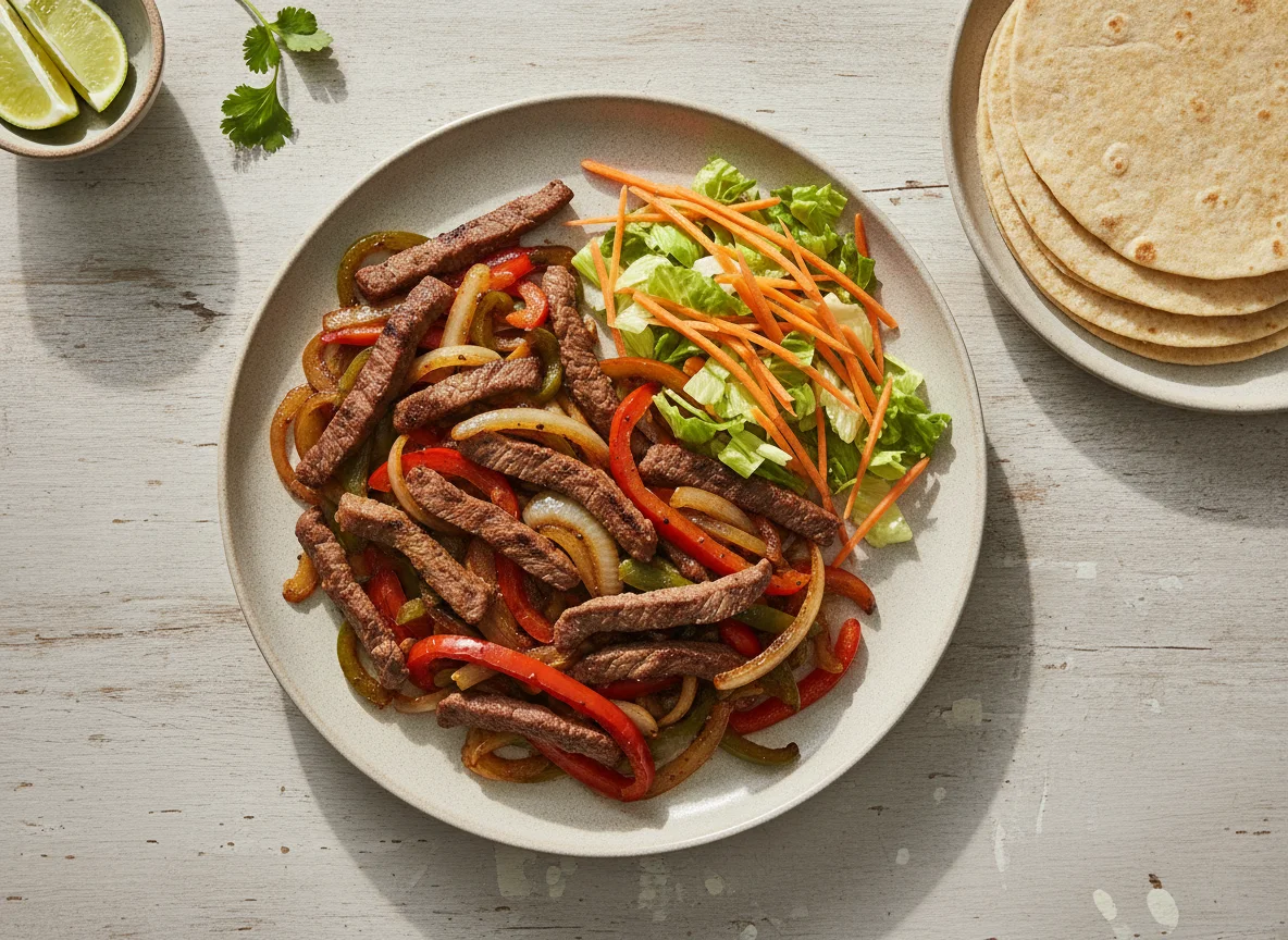 Fajitas de carne con ensalada y tortilla photo