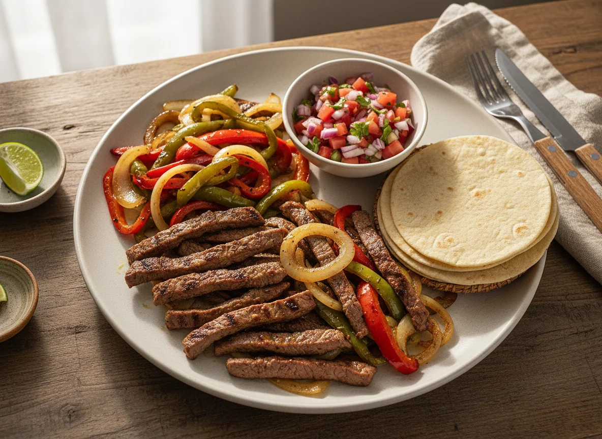 Fajitas de carne con pico de gallo y tortillas photo