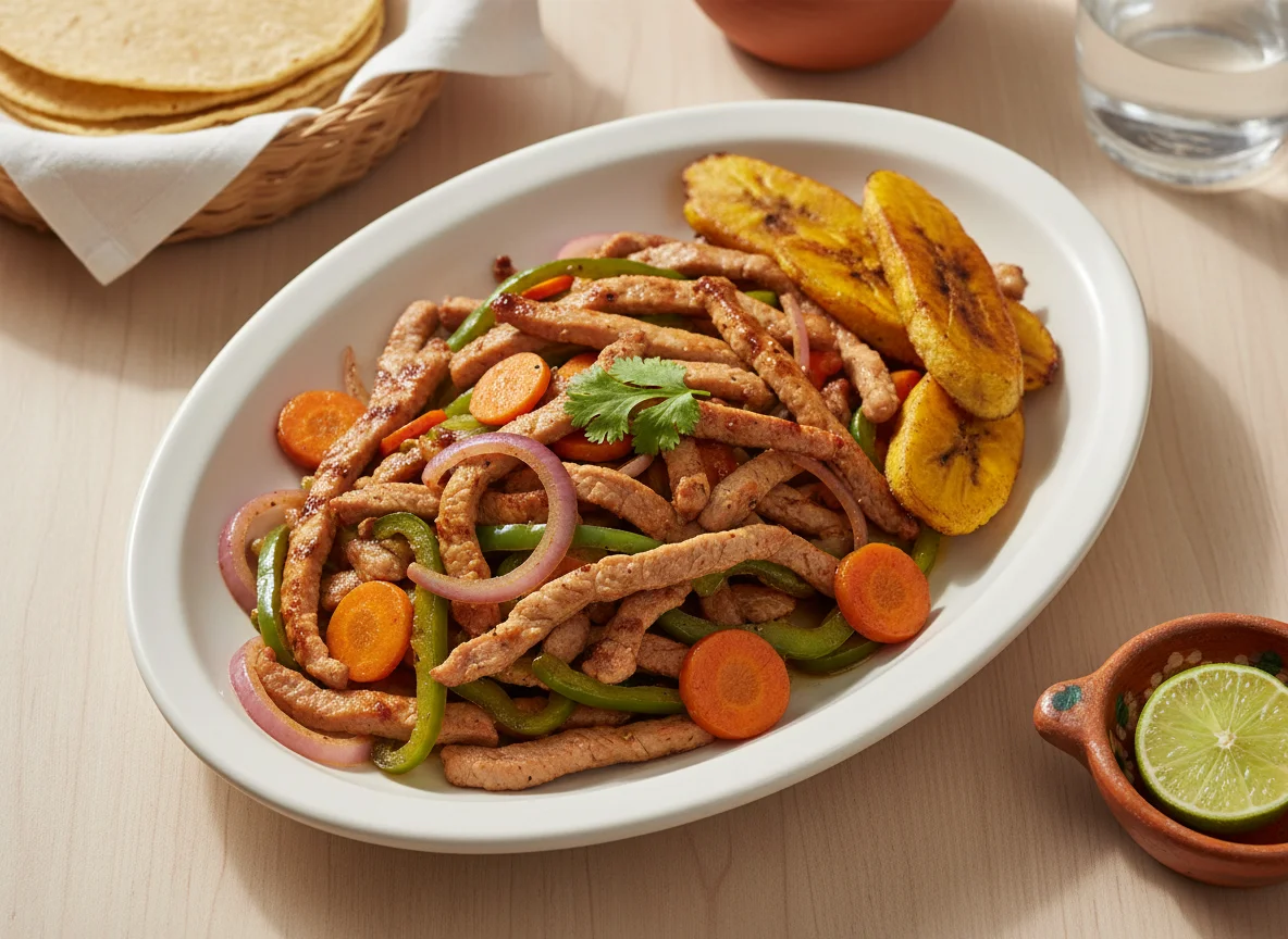 Fajitas de cerdo con vegetales y plátano asado photo