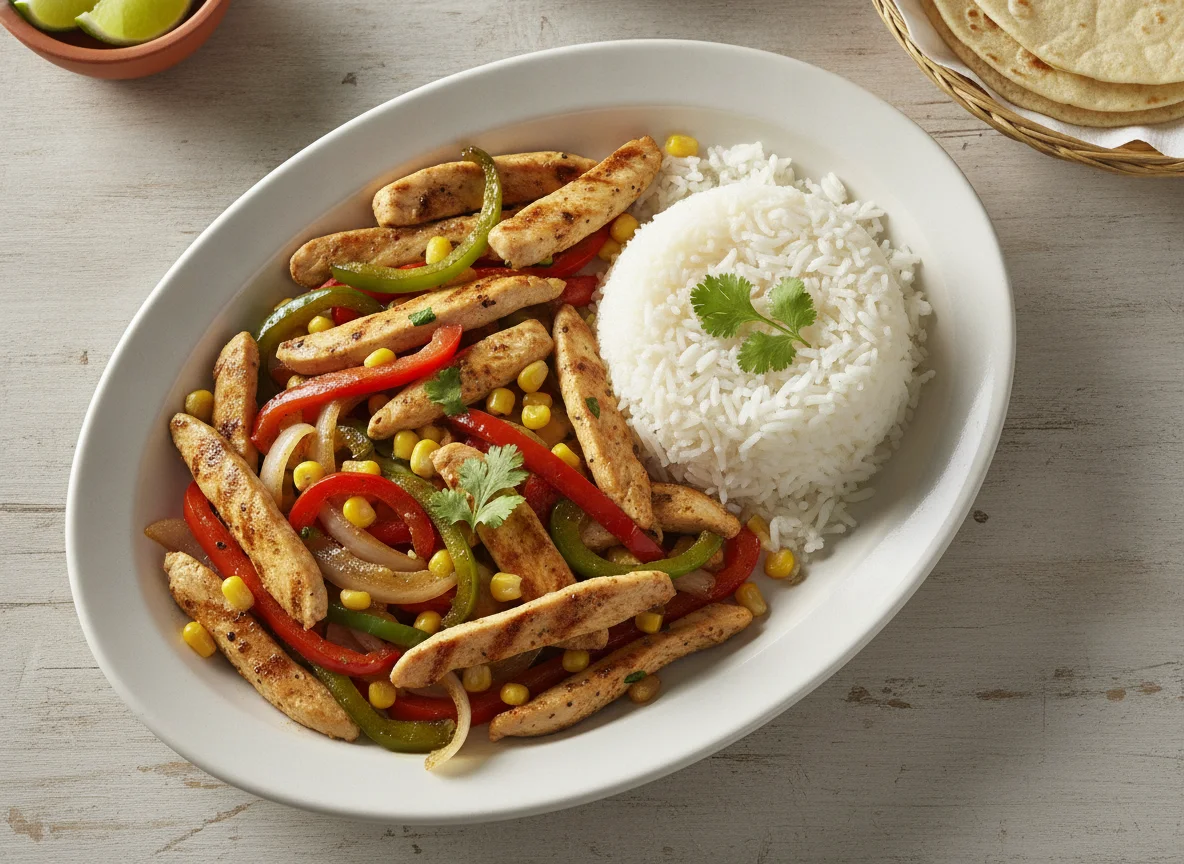 Fajitas de pollo con arroz blanco photo