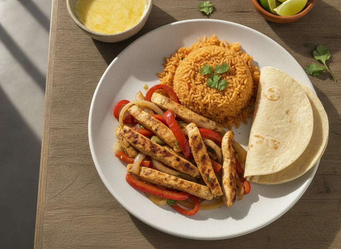 Fajitas de pollo con arroz rojo photo
