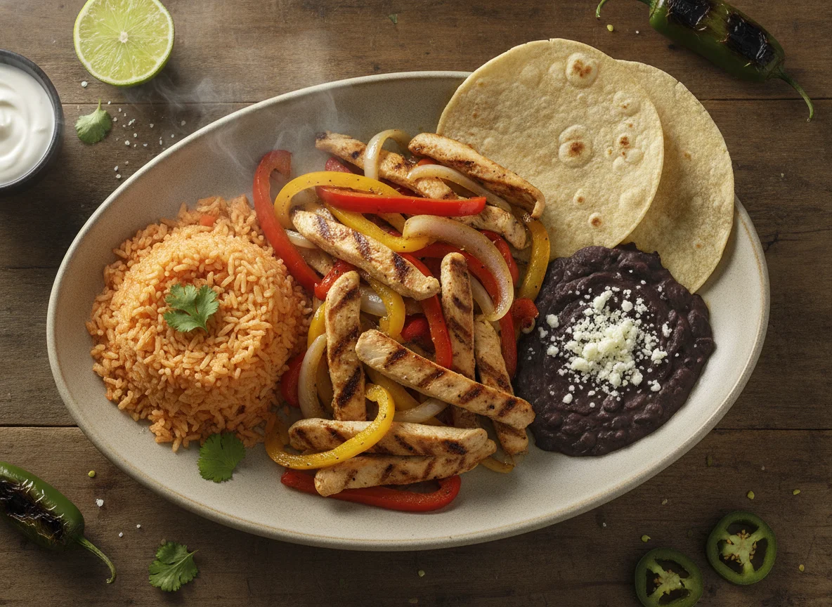 Fajitas de pollo con arroz y frijoles photo