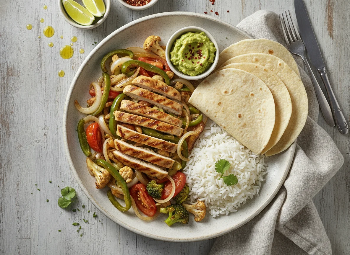 Fajitas de pollo con arroz y verduras photo