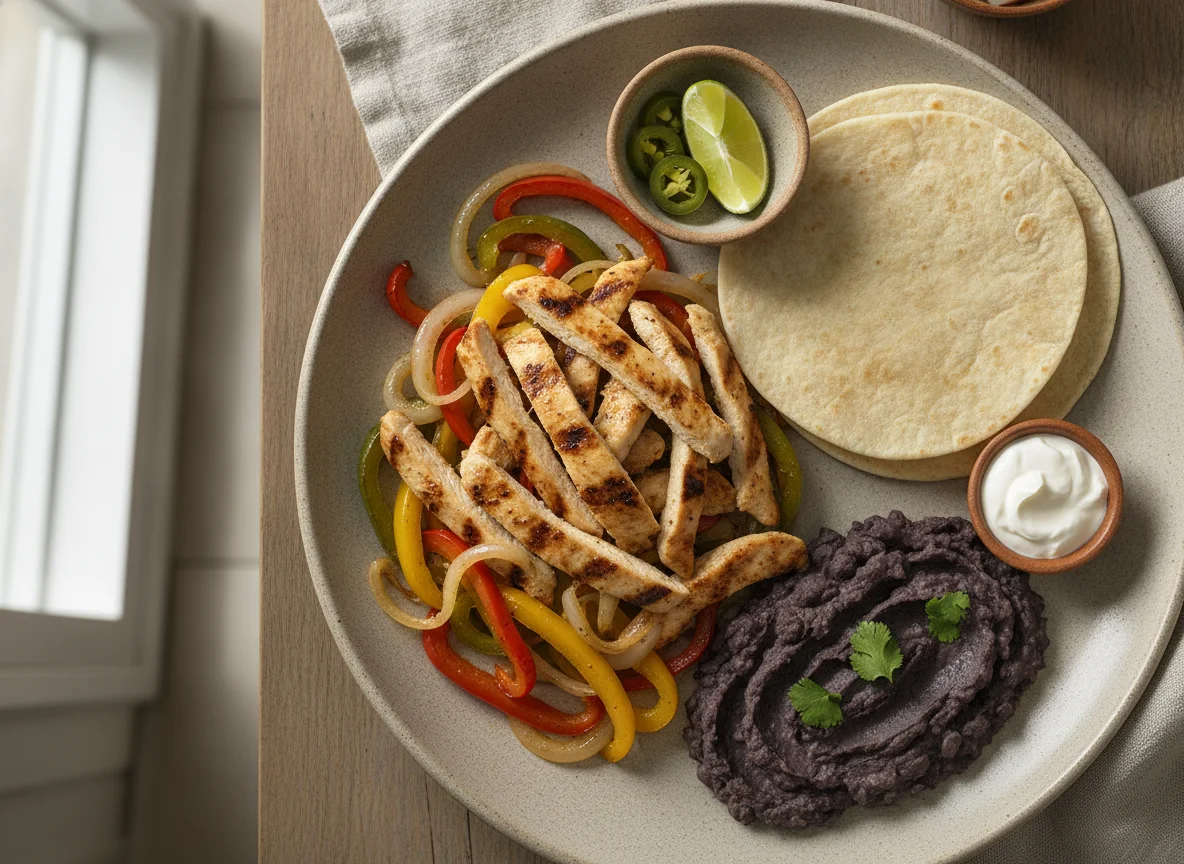 Fajitas de pollo con frijoles refritos photo