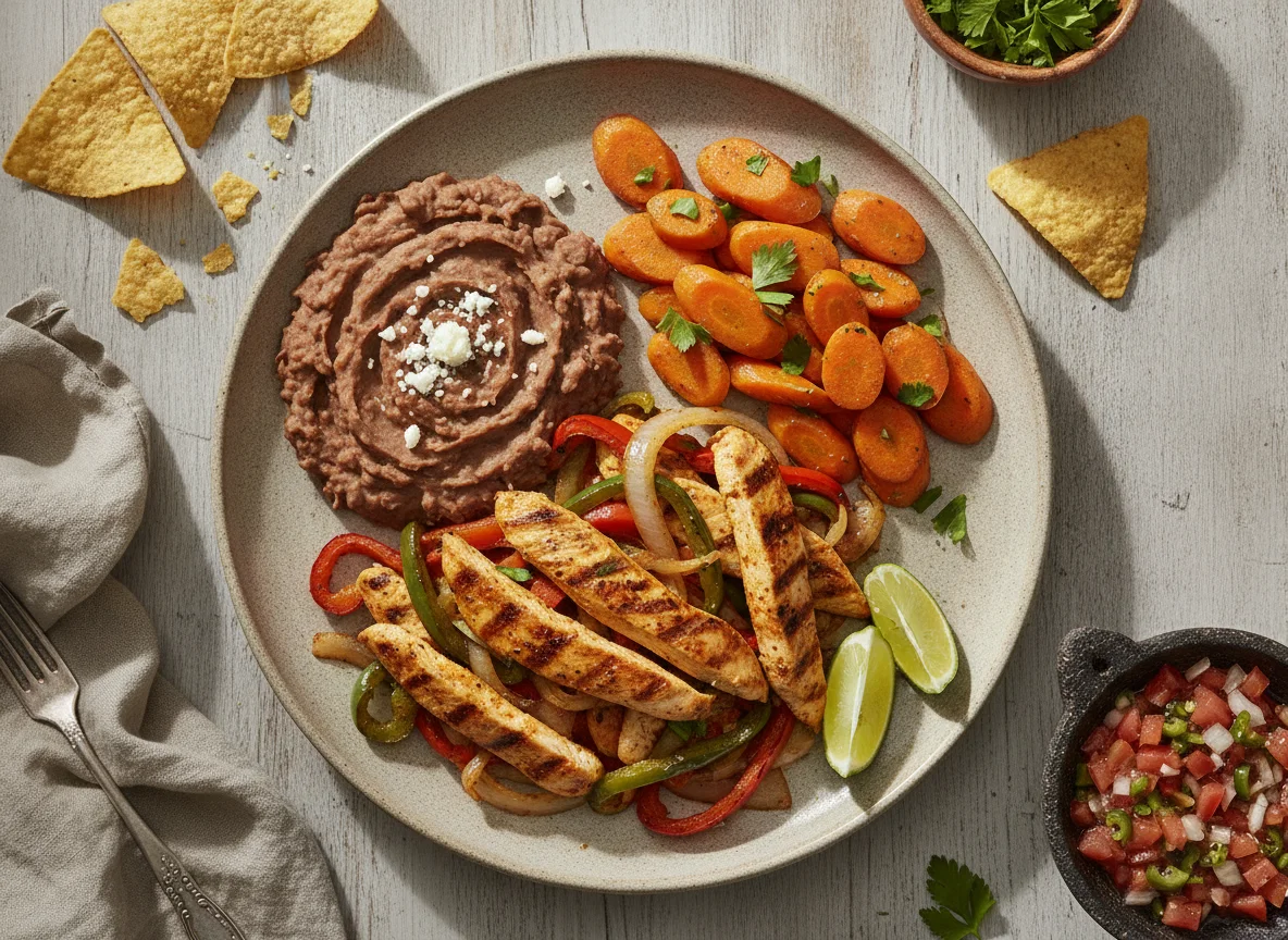 Fajitas de pollo con frijoles, zanahorias y totopos photo