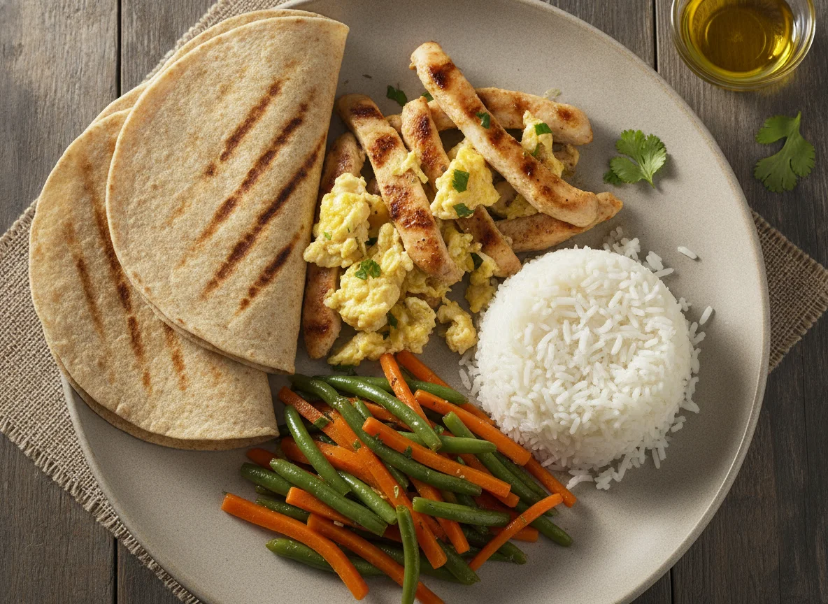 Fajitas de pollo con huevo, arroz y verduras photo