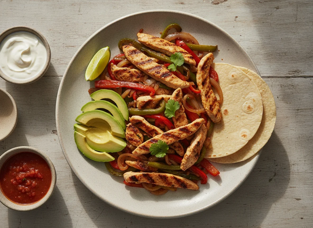 Fajitas de pollo con pimientos y aguacate photo