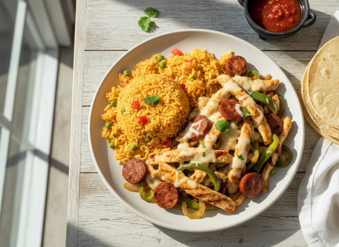 Fajitas de pollo con salchicha y arroz photo