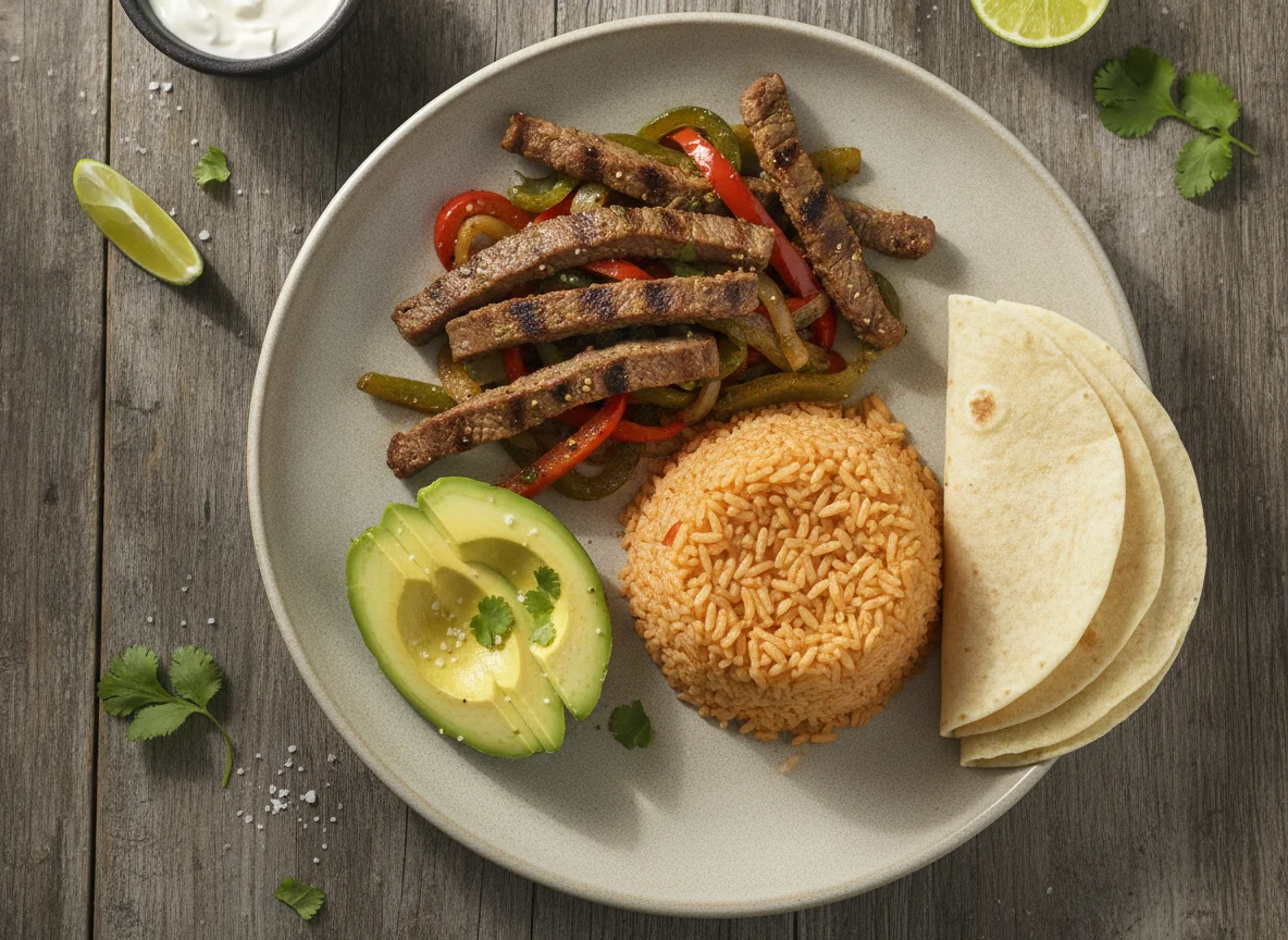 Fajitas de res con arroz y aguacate photo