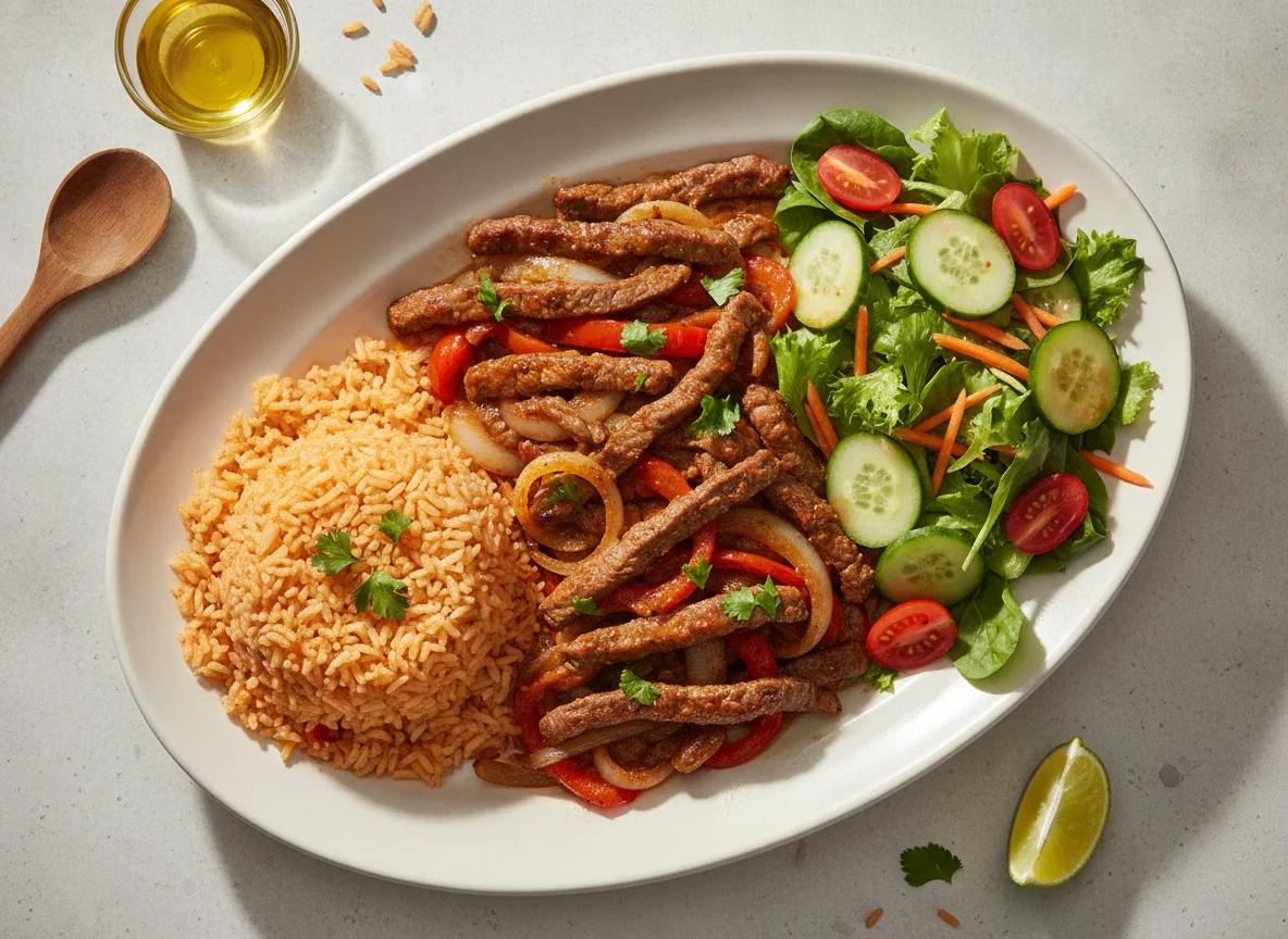 Fajitas de res con arroz y ensalada photo