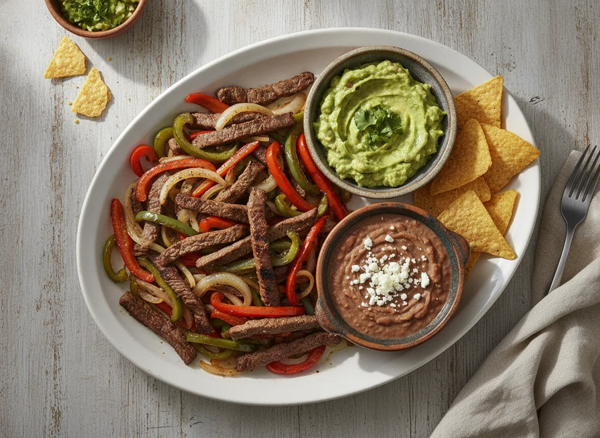 Fajitas de res con guacamole y frijoles refritos photo