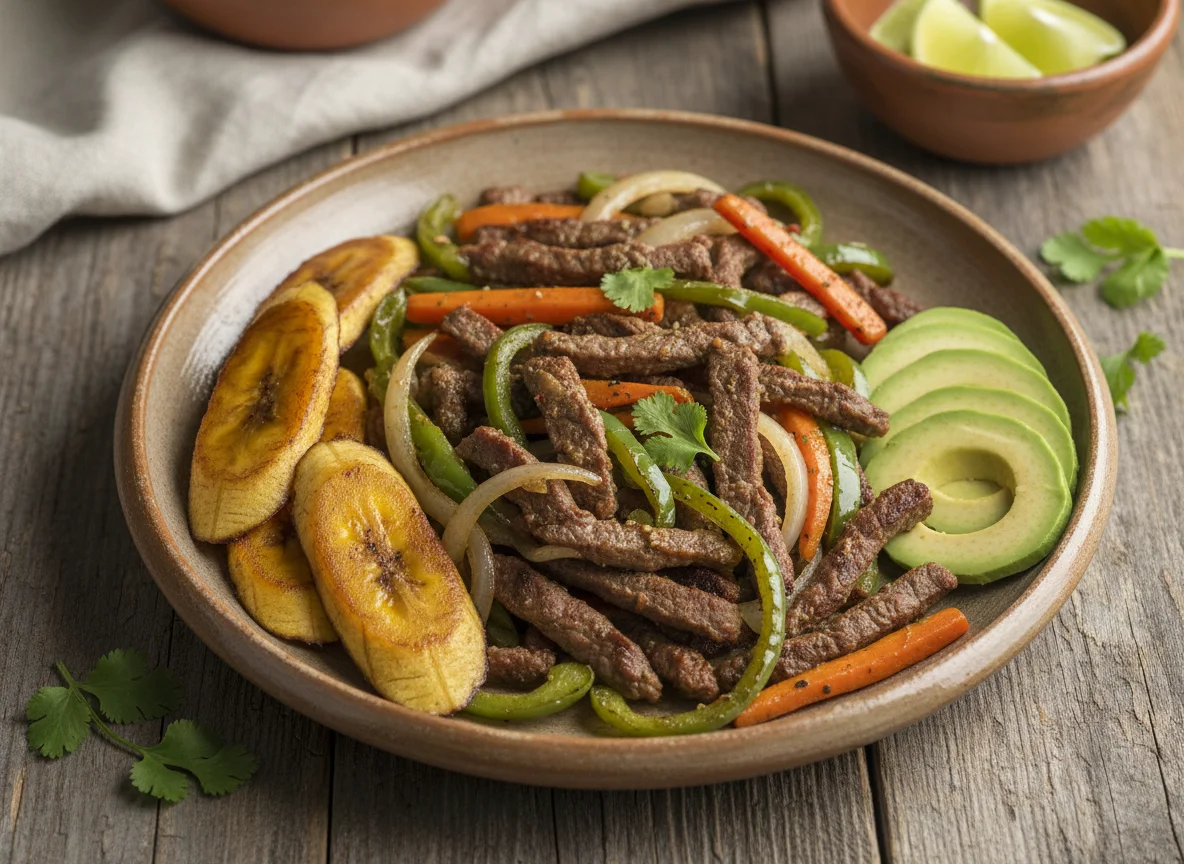 Fajitas de res con plátano asado y aguacate photo