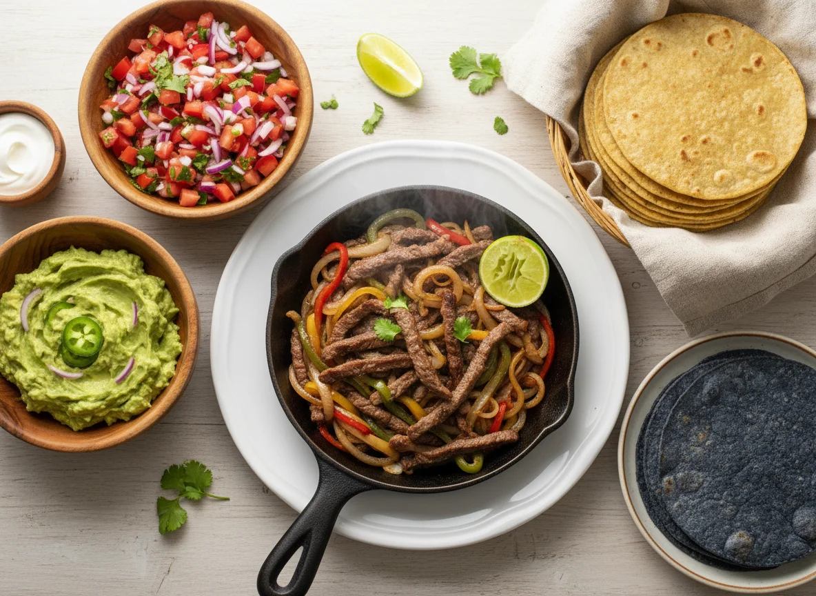Fajitas de ternera con guarniciones photo