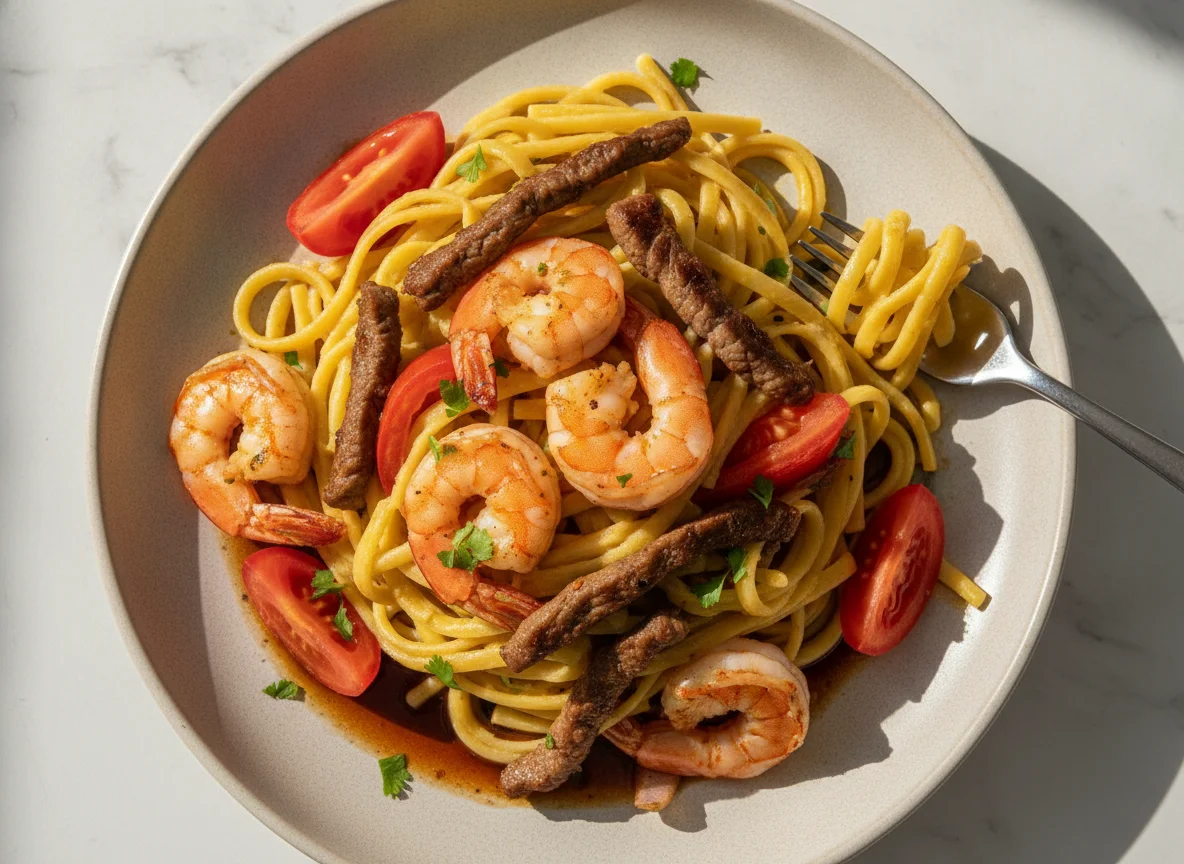 Fettuccine a la huancaína con lomo saltado y camarones photo