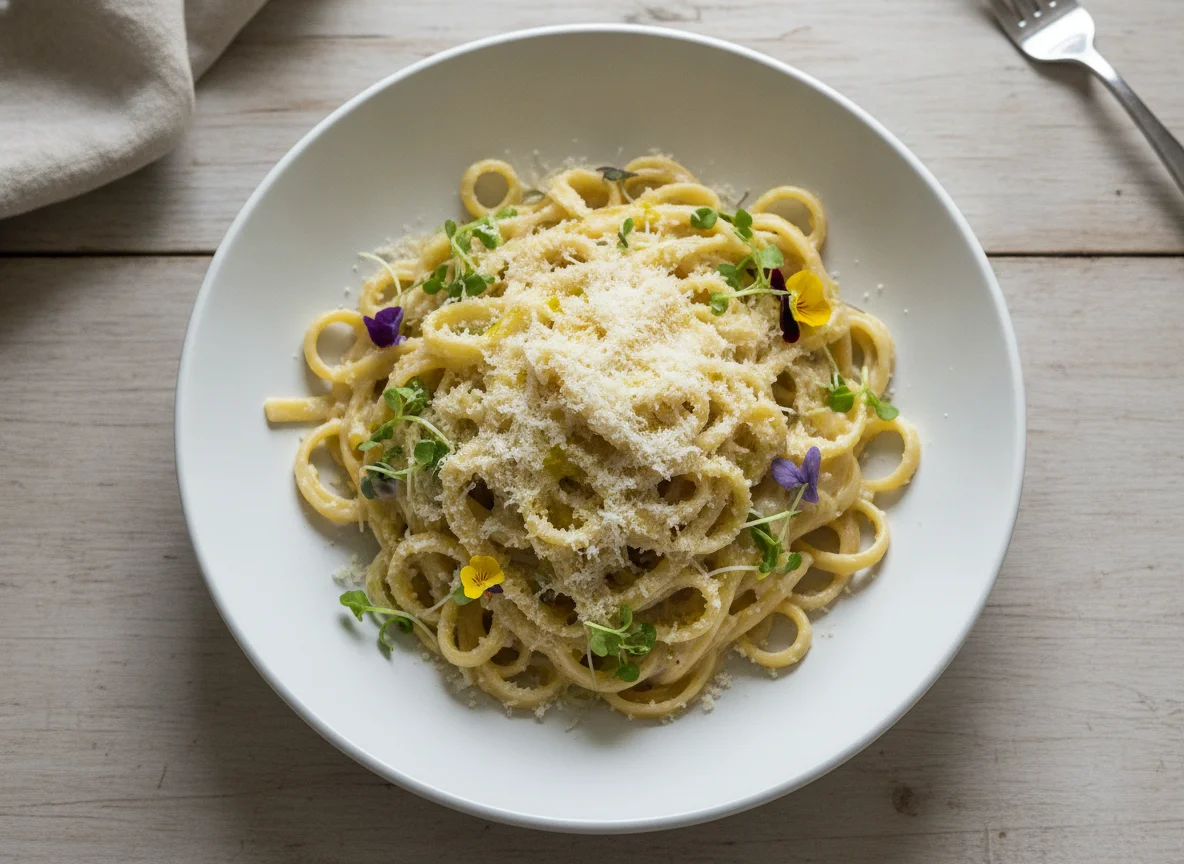 Fettuccine Alfredo con Queso Parmesano y Brotes photo
